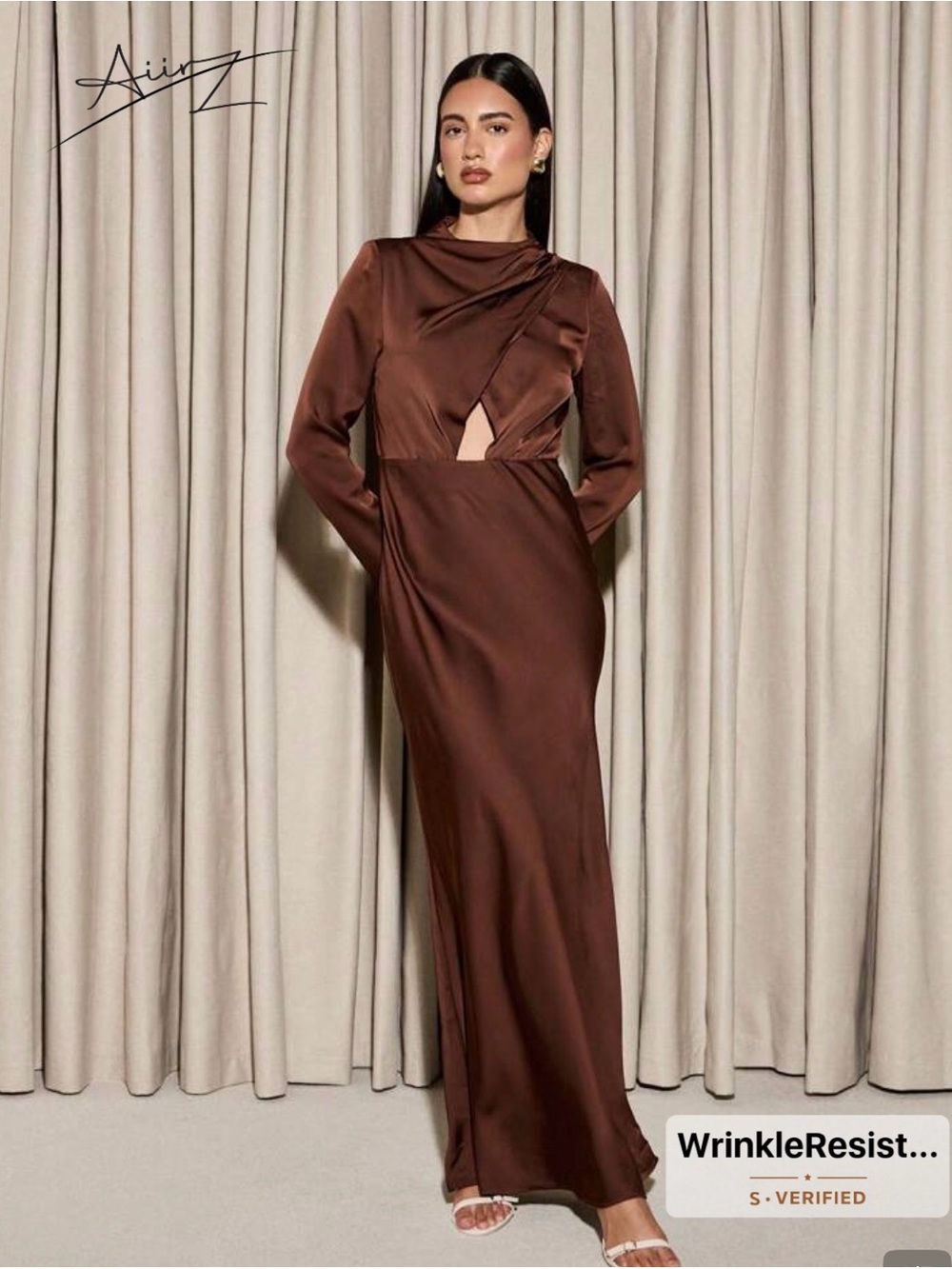 Final price $10 no offers Women's Chocolate Brown Satin Long Sleeve Cutout Dress